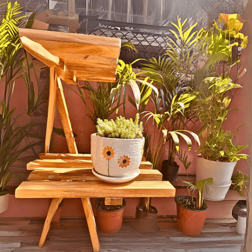 Sedum succulent in white ceramic pot with sunflower print